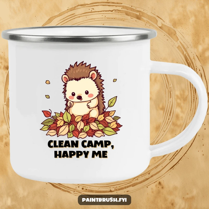 Funny camping mug with a neat hedgehog character tidying fallen leaves, durable for outdoor use and cozy moments.