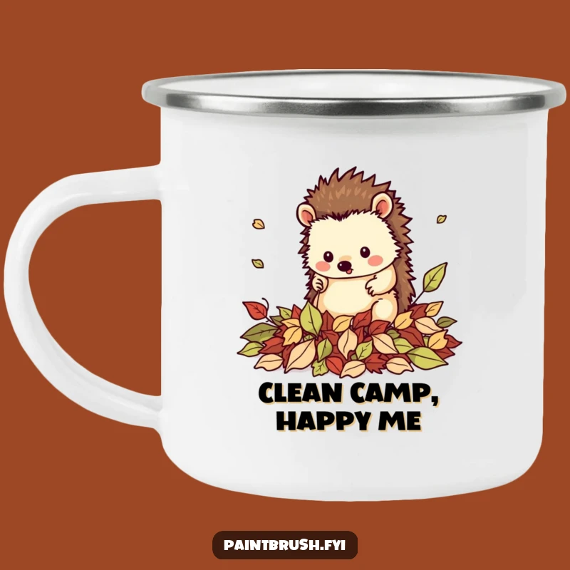 Funny Hedgehog Leaf Tidier Camping Mug: Neat Character Enamel, Hilarious Outdoor Gift