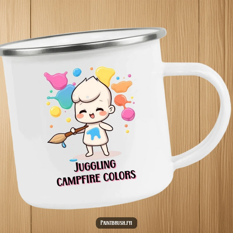 Funny camping mug showing a paintbrush character masterfully juggling colorful paint blobs, perfect for outdoor art.