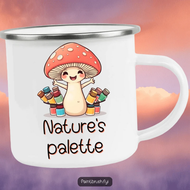 Funny mushroom camping mug with a cheerful mushroom struggling to balance numerous tiny paint pots, ready for the wild.