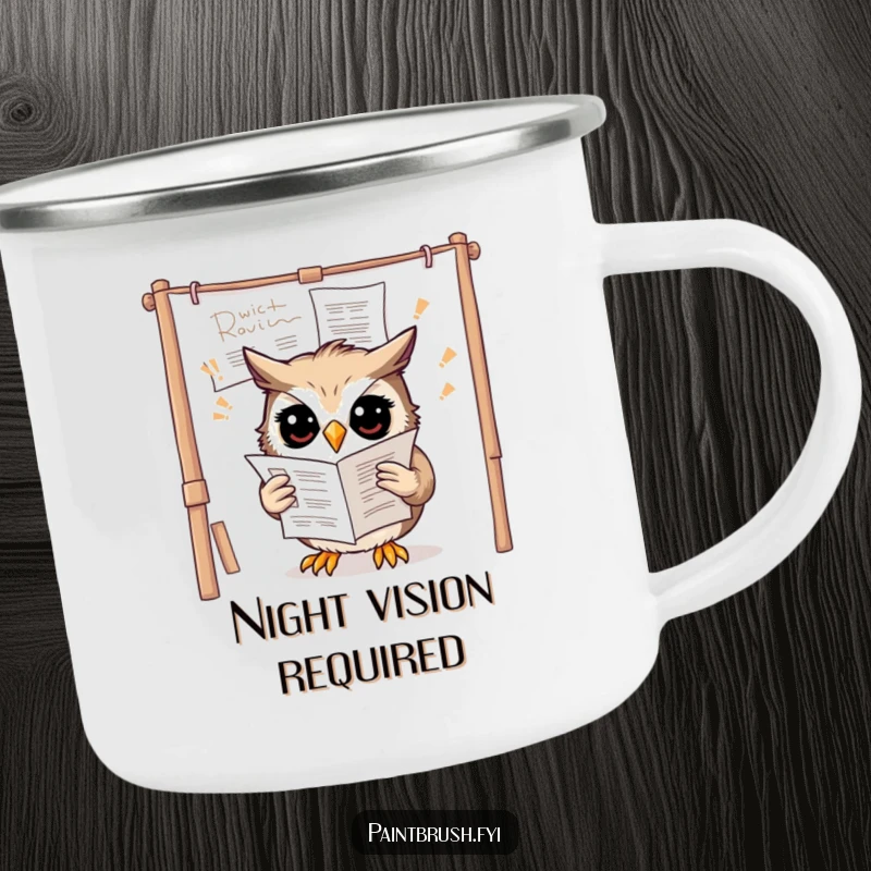 Funny owl camping mug with a confused owl trying to read instructions upside down on a canvas, ready for outdoor contemplation.