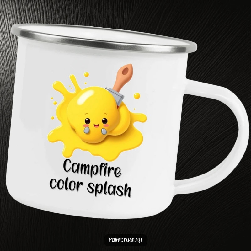 Funny paintbrush camping mug, playfully peeking from behind a yellow paint blob, built for adventure and celebrating artistic humor. A unique adventure gift.