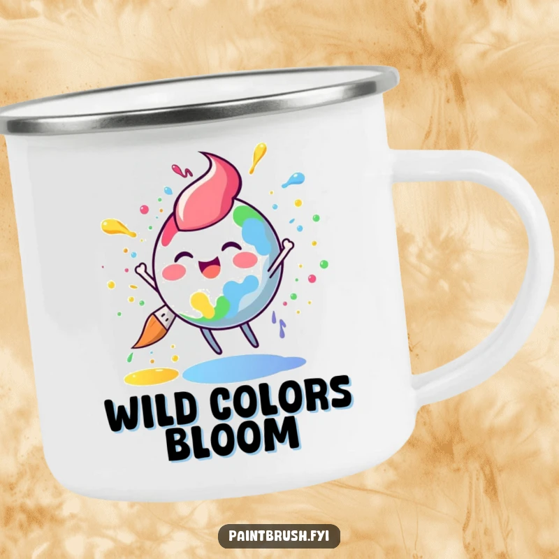 Funny paintbrush camping mug with a round character joyfully splattering rainbow paint, perfect for outdoor art enthusiasts.