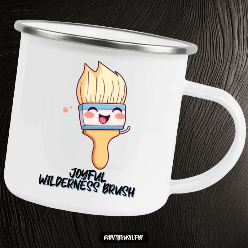 Funny paintbrush camping mug with a character playfully wiggling its bristles with glee, sturdy and humorous for outdoor artists.