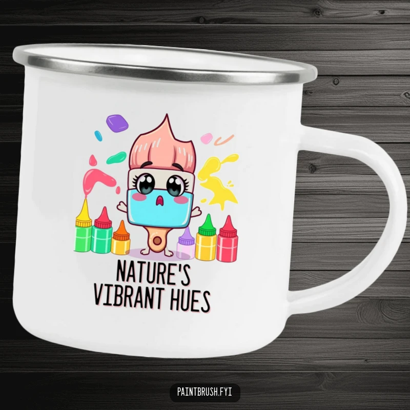 Funny Camping Mug: A surprised paintbrush character gazes at a rainbow of paint tubes, ideal for humorous outdoor art sessions.