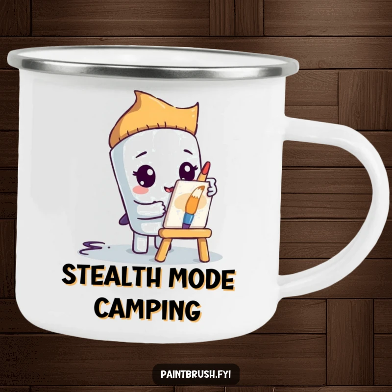 Funny paintbrush character peeking from behind a tiny easel, as a sturdy camping mug, for shy artistic moments.
