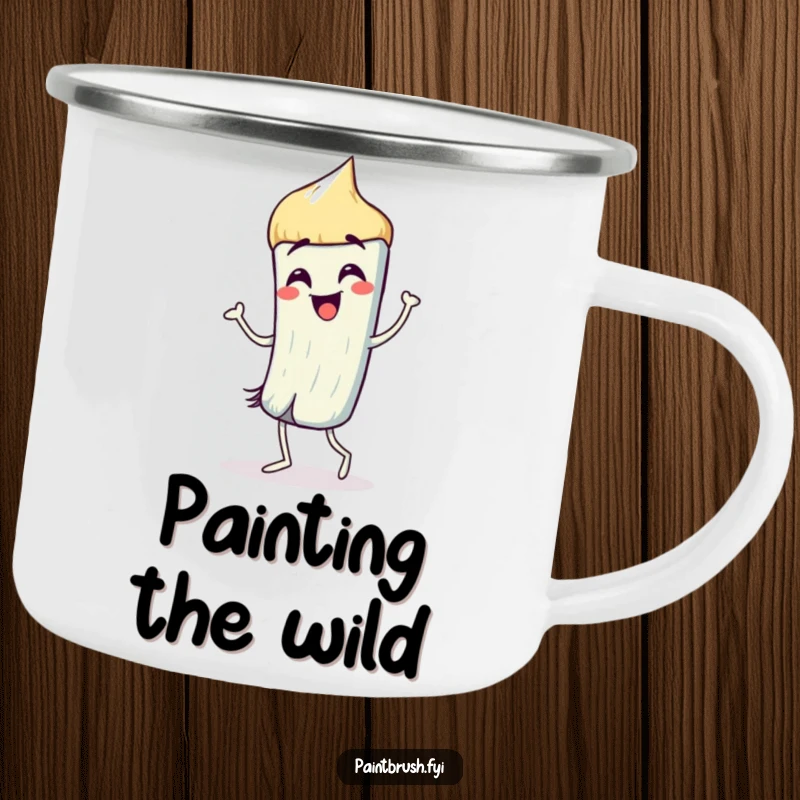 Funny Camping Mug: A paintbrush character dancing with lively strokes, perfect for outdoor artistic inspiration.