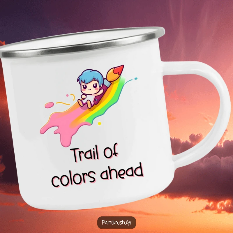 Funny paintbrush character happily sliding down a rainbow-colored paint streak, as a sturdy camping mug, for joyful artistic moments.
