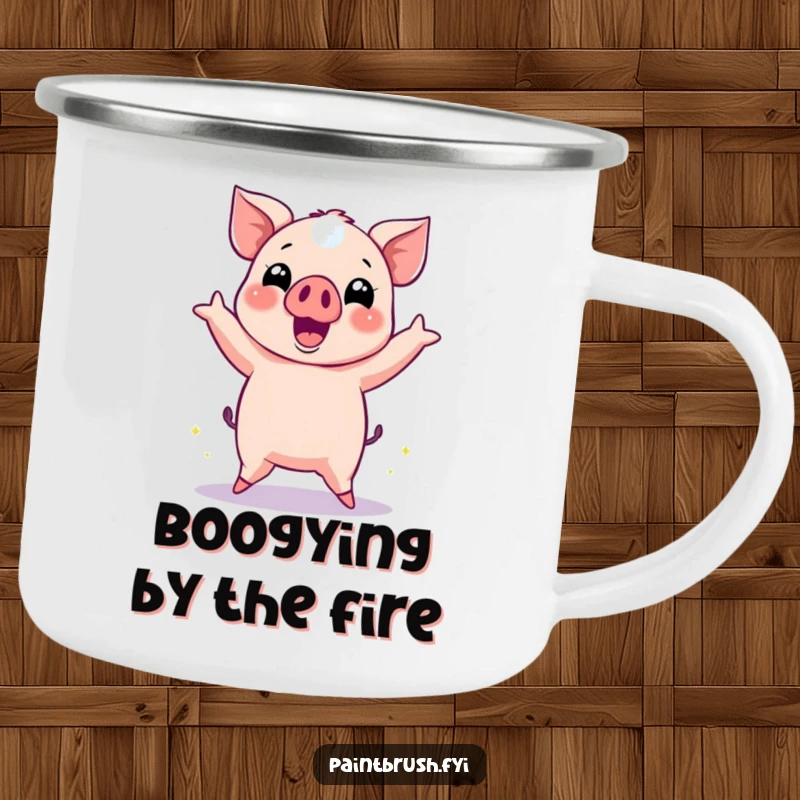 Funny Pig Camping Mug showing a cheerful pig dancing with disco ball reflections, perfect for fun outdoor adventures.