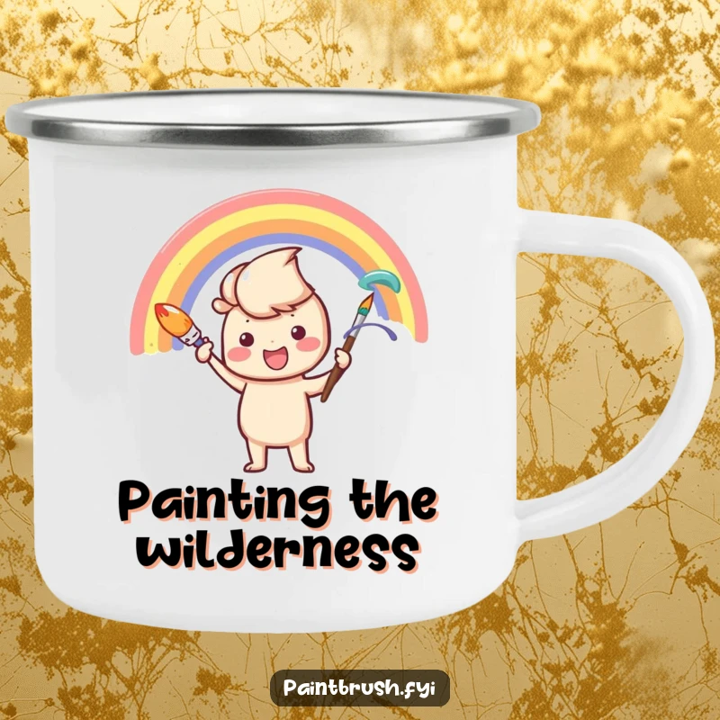 Funny Camping Mug: A paintbrush character painting a rainbow, perfect for outdoor adventures and bringing artistic cheer.