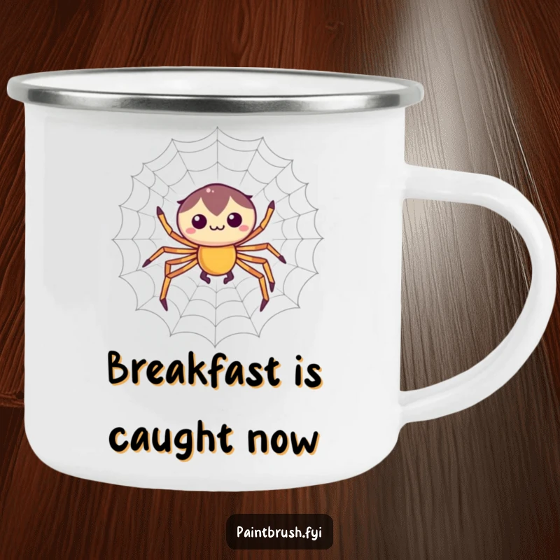 Funny camping mug with a focused spider character weaving a perfectly symmetrical web, durable for outdoor use and artistic inspiration.