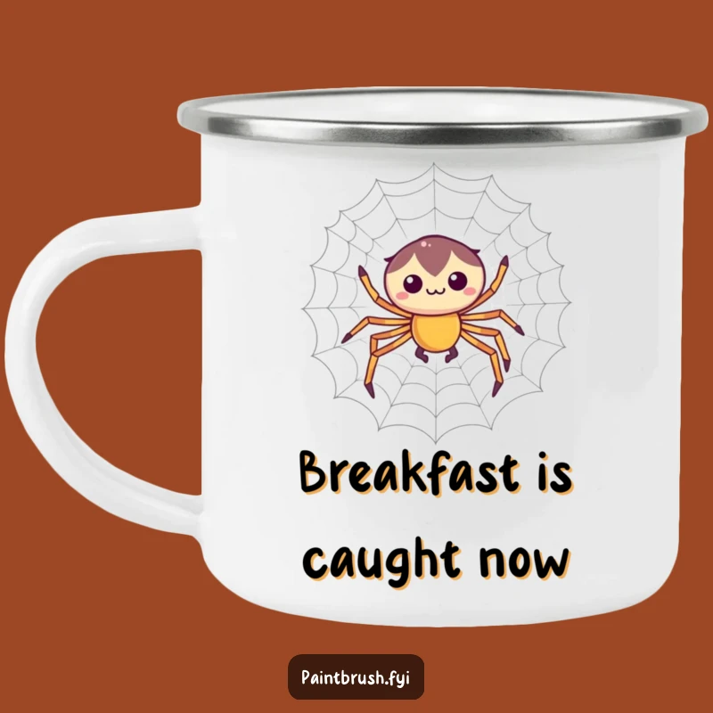 Funny Spider Web Weaver Camping Mug: Focused Character Enamel, Hilarious Outdoor Gift