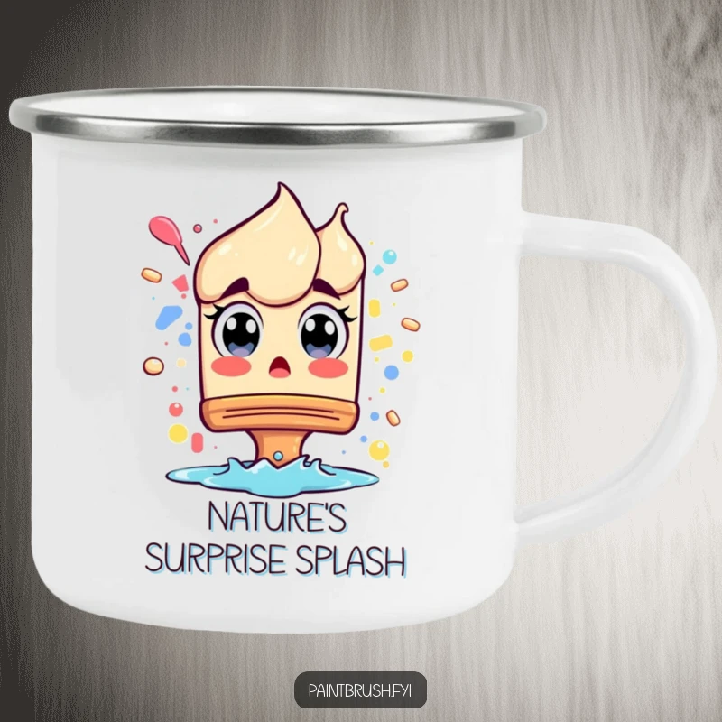 Funny Camping Mug: A paintbrush character with wide eyes from a splash, perfect for outdoor adventures and capturing surprising moments.
