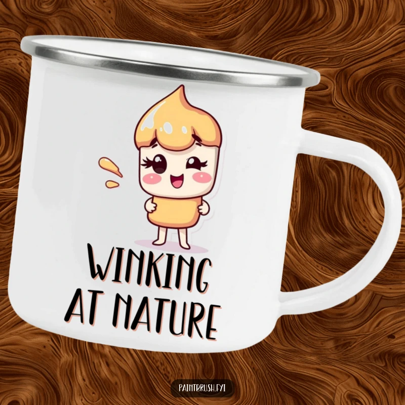 Funny camping mug showing a paintbrush character giving a sly wink, with a vibrant paint streak, ready for adventure.