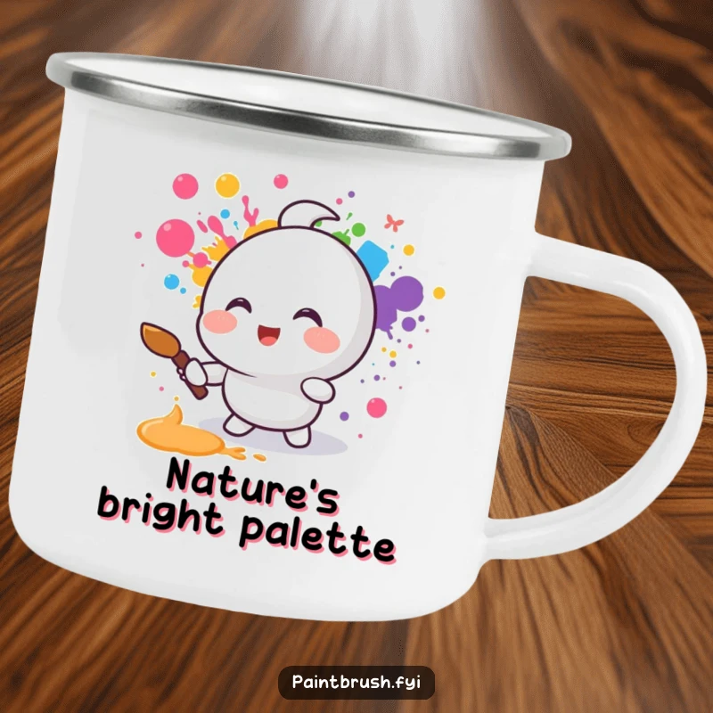 Funny camping mug featuring a small round character joyfully splattering rainbow colors with a paintbrush, ready for artistic escapades.