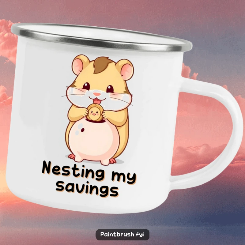 Funny camping mug featuring a hamster character stuffing a single coin into a tiny piggy bank, ready for outdoor saving.