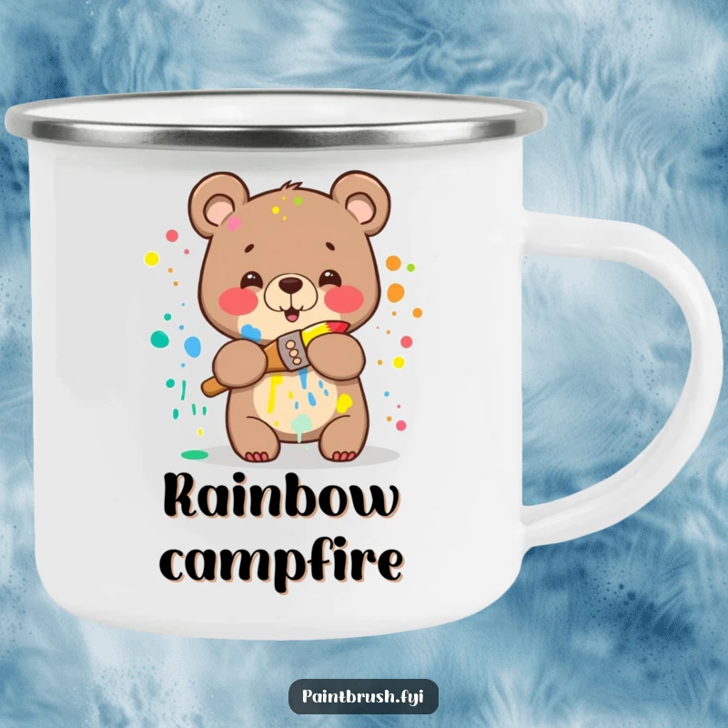 Funny Bear Camping Mug: A happy bear splattered with rainbow paint attempting to hug a paintbrush, perfect for outdoor use with humor.