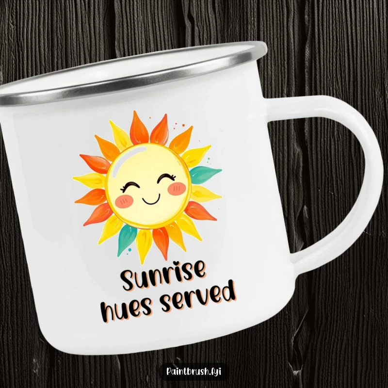 Funny camping mug with a paintbrush character painting a smiling sun with vibrant hues, ideal for artistic outdoor enthusiasts.