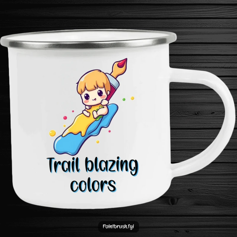Funny paintbrush camping mug with a character sliding down a rainbow of colorful paint, sturdy and humorous for outdoor artists.