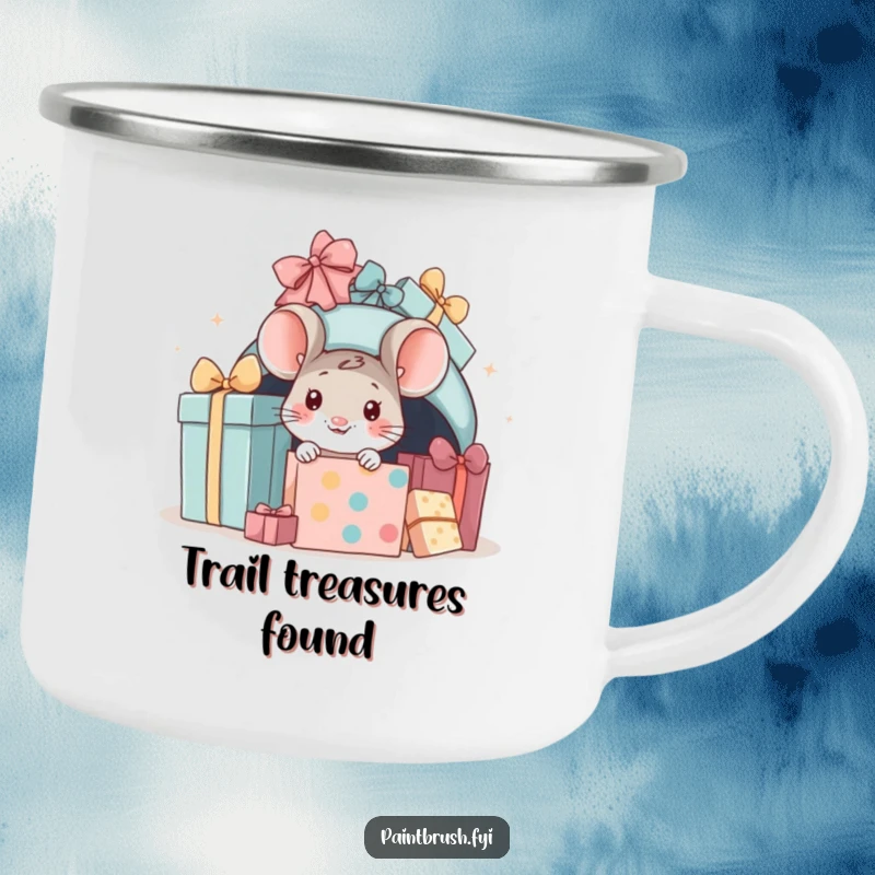 Funny mouse present camping mug, little mouse peeking from gifts, perfect for outdoor drinks and holiday cheer.