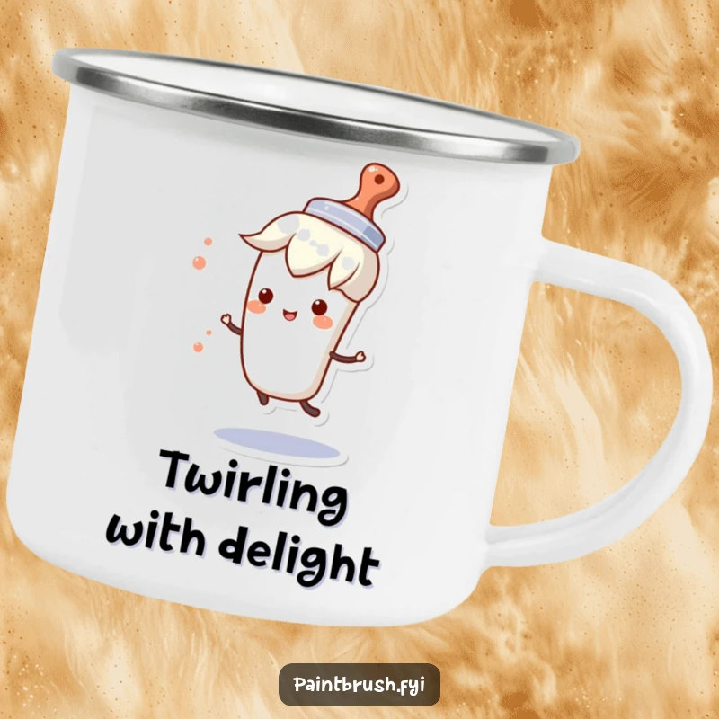 Funny camping mug with a paintbrush character wearing a hat and spinning happily, ideal for artistic outdoor enthusiasts.
