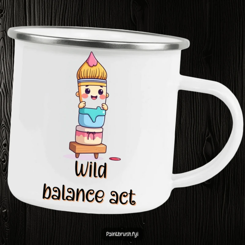 Funny paintbrush camping mug with a character precariously balancing colorful paint pots, sturdy and humorous for outdoor artists.