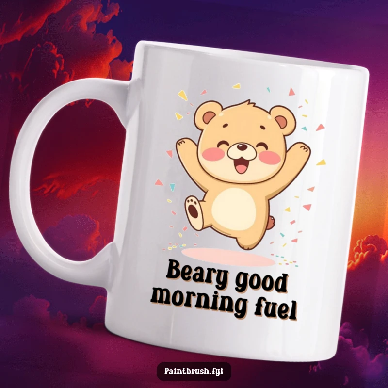 Funny Jumping Bear Cub Mug, energetically leaping with confetti showering down, radiating pure happiness and excitement.