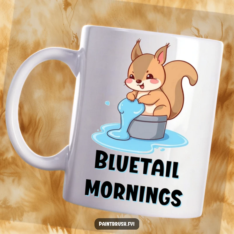 Funny squirrel mug showing a mischievous squirrel accidentally dipping its bushy tail in a bucket of bright blue paint.