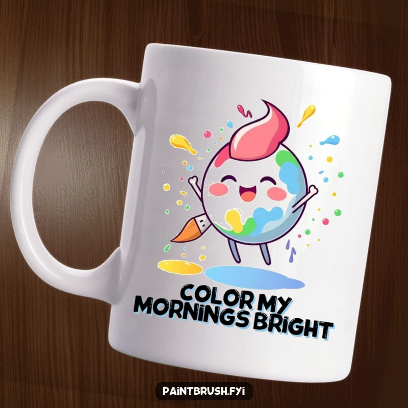 Funny paintbrush mug with a round character joyfully splattering vibrant rainbow paint, celebrating artistic expression and happiness.