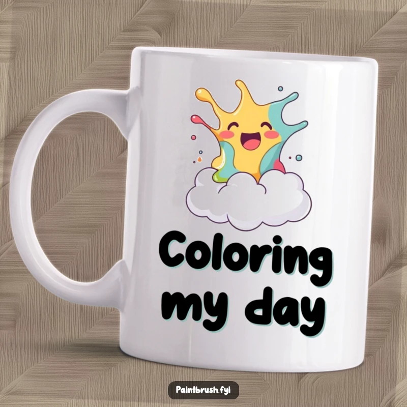 Funny mug showing a blob of paint joyfully splashing onto a surprised fluffy cloud, a humorous depiction of art and surprise for a funny gift.