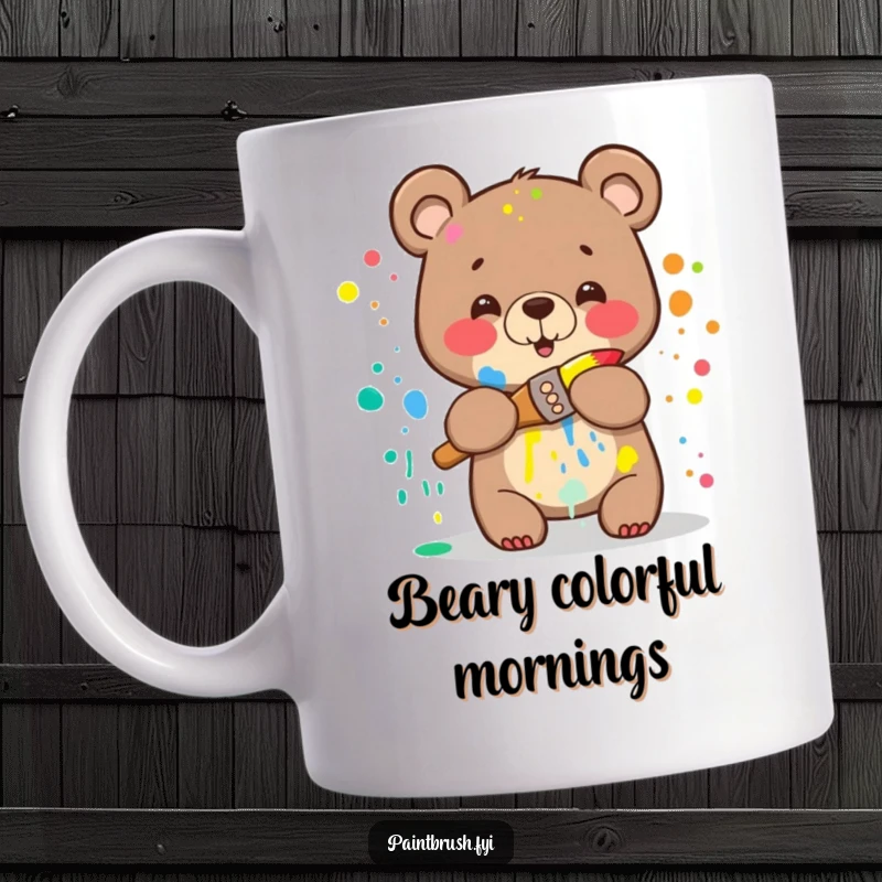 Funny Bear Mug: A happy bear splattered with rainbow paint attempting to hug a paintbrush, showcasing its artistic and humorous spirit.