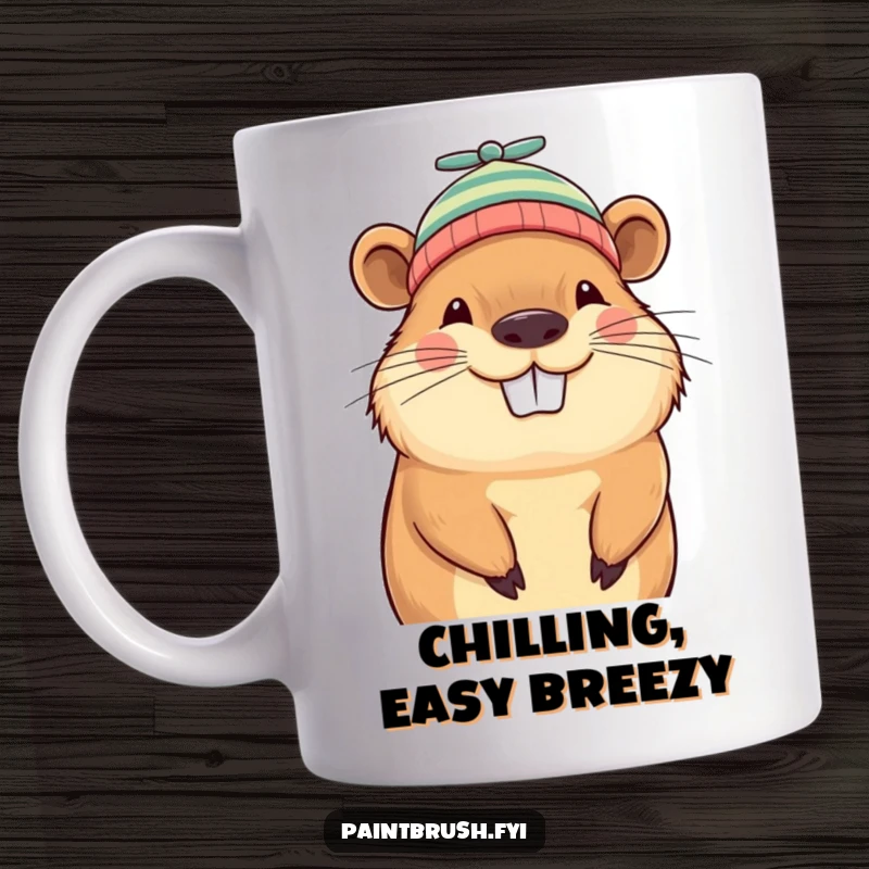 Funny capybara beanie mug, grinning capybara character playfully wearing a tiny propeller beanie, radiating relaxed joy and humor.