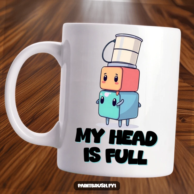 Funny cube character balancing a tall, unstable stack of paint cans on its head, looking determined, on a ceramic mug.