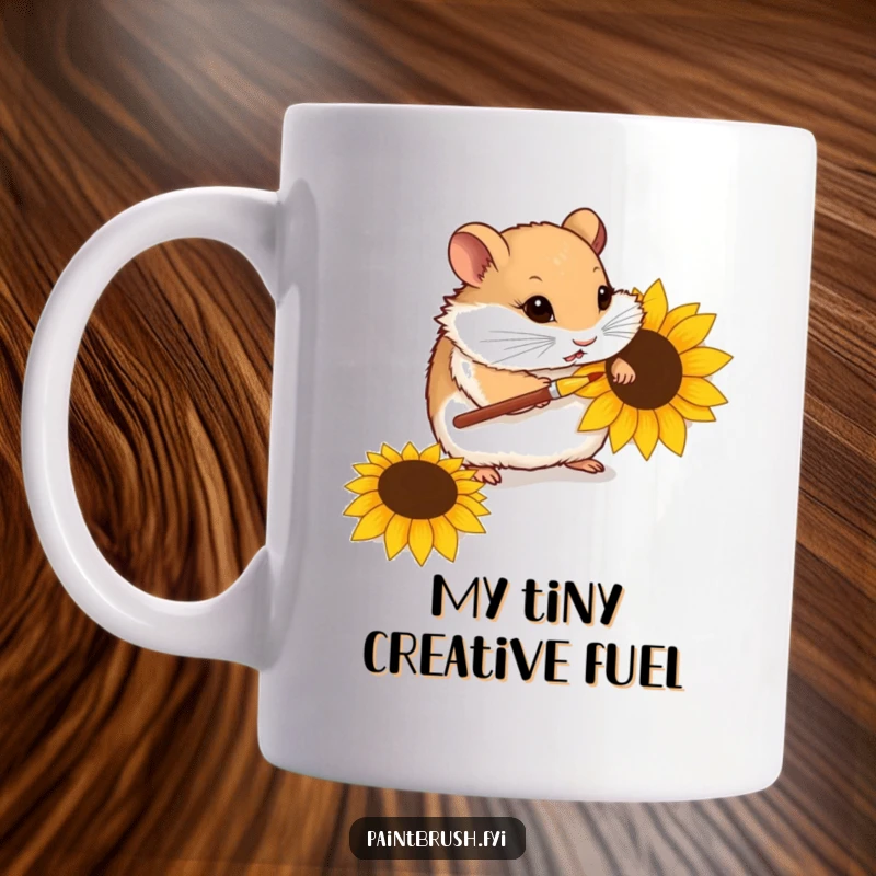 Funny mug featuring a curious hamster meticulously painting a sunflower seed with a tiny paintbrush, showcasing delicate artistry.