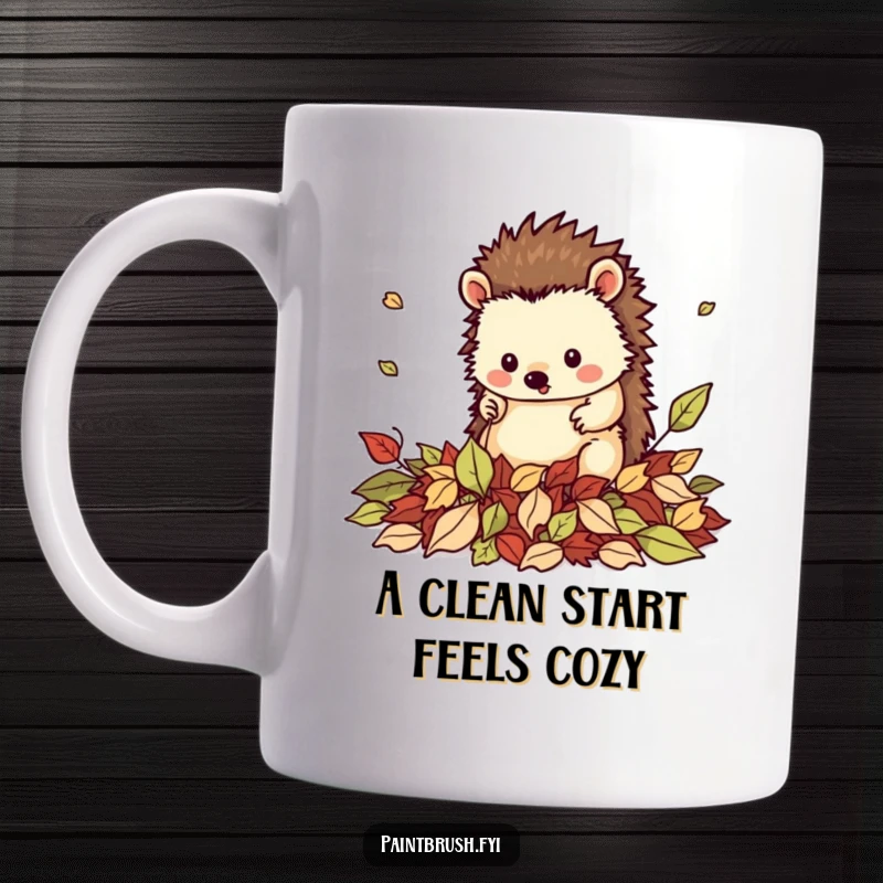Funny mug featuring a neat hedgehog character perfectly tidying a pile of fallen leaves, symbolizing love for order and nature.