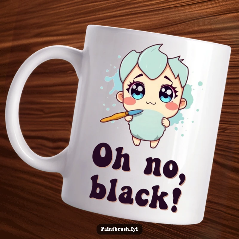 Funny Mug: Paintbrush character with wide eyes recoiling in shock from a large, messy splotch of ink.