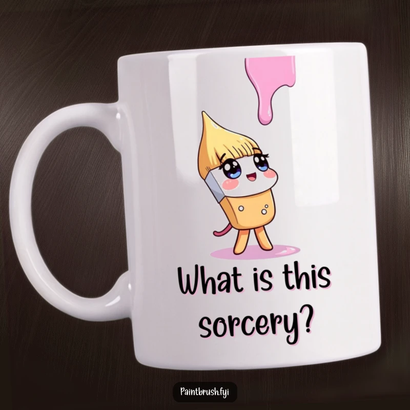 Funny mug showing a paintbrush character looking up inquisitively with wide eyes at a single, slowly falling drip of paint.