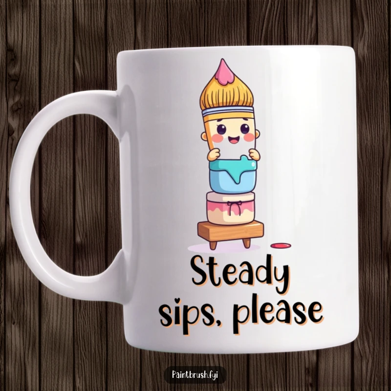 Funny paintbrush mug featuring a character precariously balancing a stack of colorful paint pots, symbolizing artistic challenges.