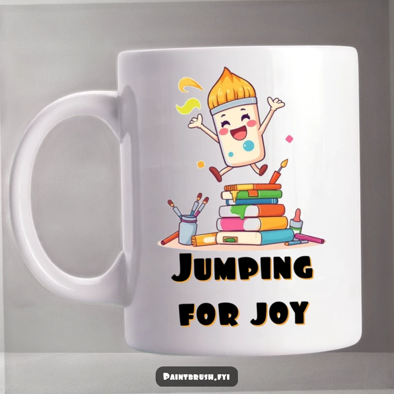 Funny Mug: A joyful paintbrush character leaps enthusiastically over a stack of colorful art supplies, showing artistic exuberance.
