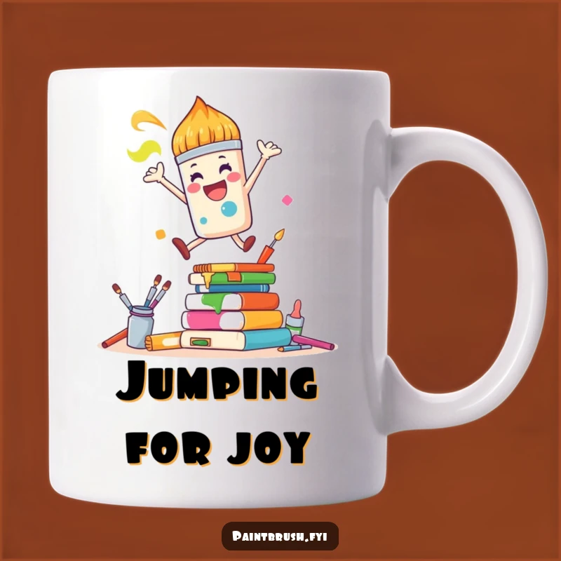 Funny Paintbrush Mug: Joyful Leap Over Supplies, Perfect Artist Gift!