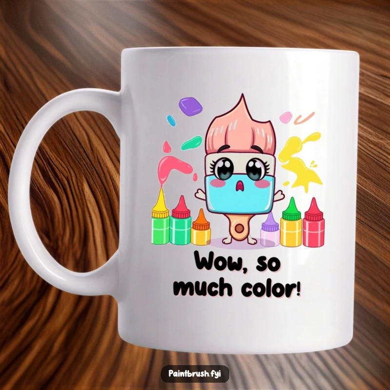 Funny Mug: A surprised paintbrush character with wide eyes gazes at a rainbow of paint tubes, showing artistic amazement humorously.