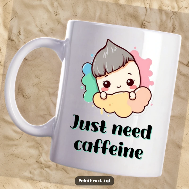 Funny Mug: A shy paintbrush character comically hiding behind a large blob of colorful paint, expressing introverted creativity.