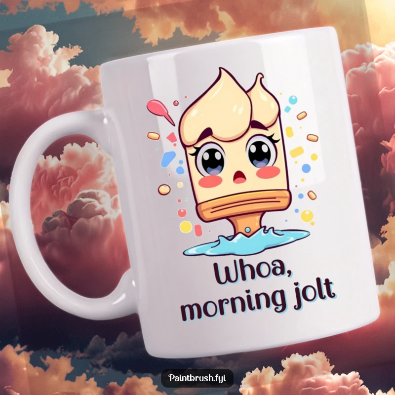 Funny Mug: A paintbrush character with wide eyes, comically surprised by a sudden splash, symbolizing unexpected artistic mishaps.