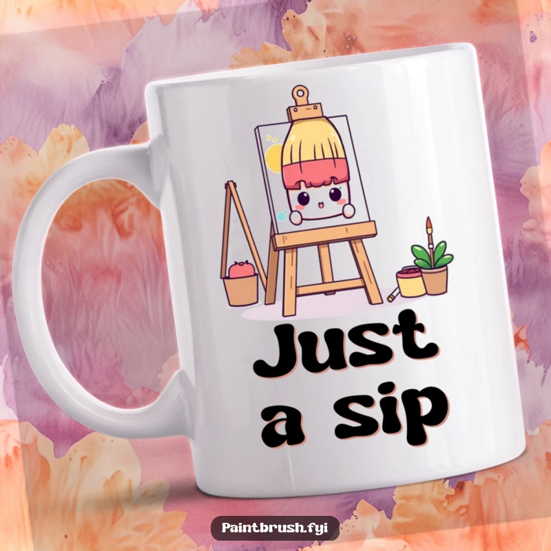 Funny Mug: A shy paintbrush character peeks out from behind a colossal art easel, highlighting artistic timidity humorously.