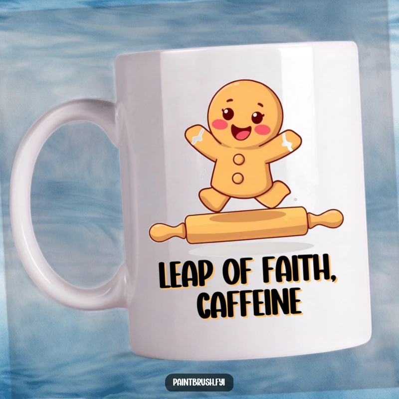 Funny gingerbread cookie character joyfully leaping over a rolling pin, celebrating a moment of pure delight and playful energy.