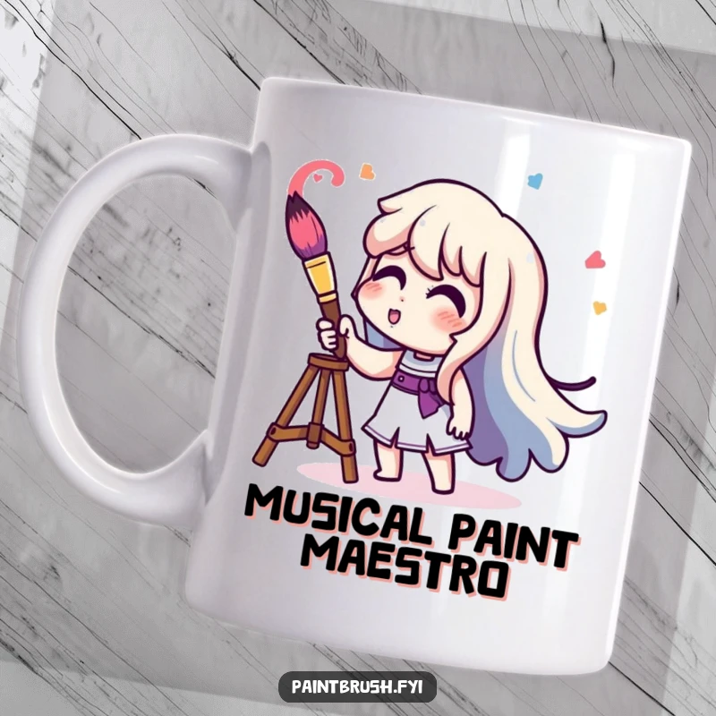 Funny character playing a paintbrush like a trumpet, releasing colorful sound waves, a humorous mug.