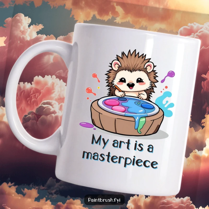 Funny mug featuring a happy hedgehog artist rolling in bright paint palettes, creating messy, colorful art with joy.