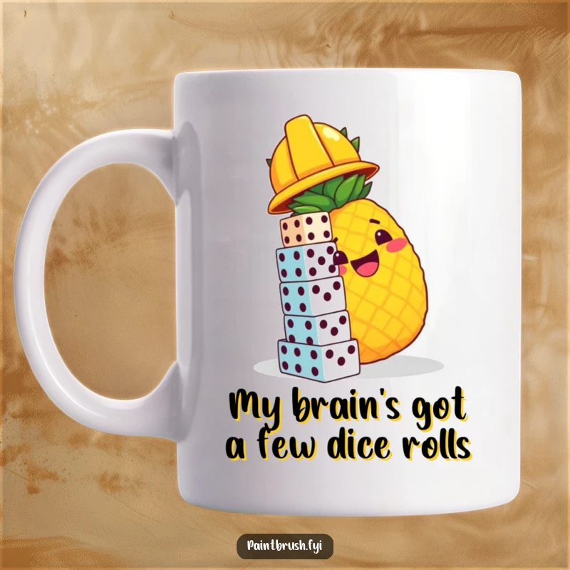 Funny mug featuring a smiling pineapple in a hard hat, precariously stacking dice, showcasing construction humor and a quirky personality.
