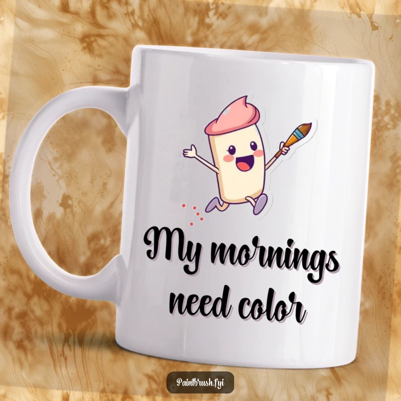 Funny Mug featuring an excited paintbrush character leaping joyfully, leaving a colorful trail of dots behind.
