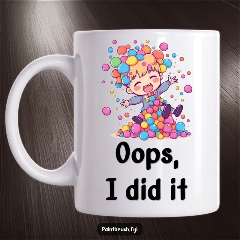 Funny painter character tripping mid-air, sending a vibrant cascade of colorful paint blobs flying everywhere, on a ceramic mug.
